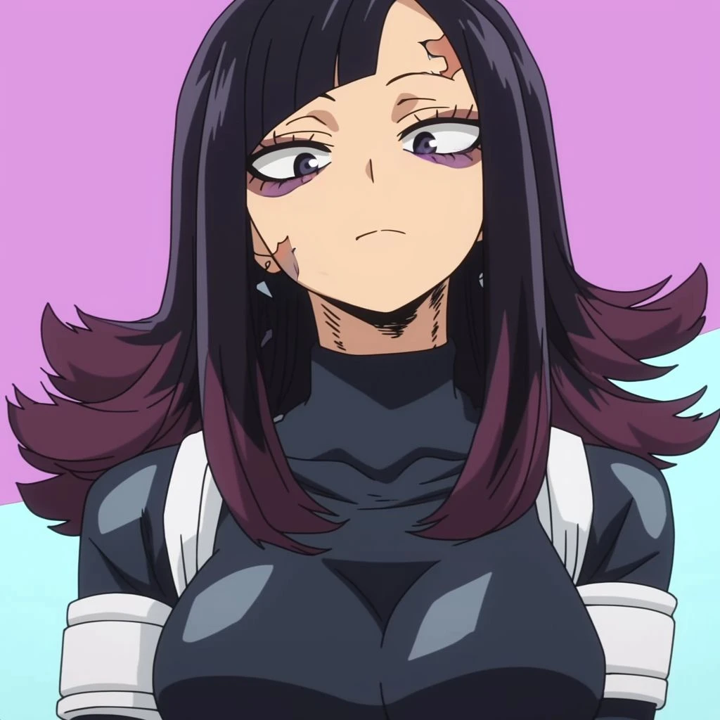 Pale girl with freckles on her face. Dark purple hair long to the middle of the back. Striking purple eyes. With the UA uniform from the anime BNHA