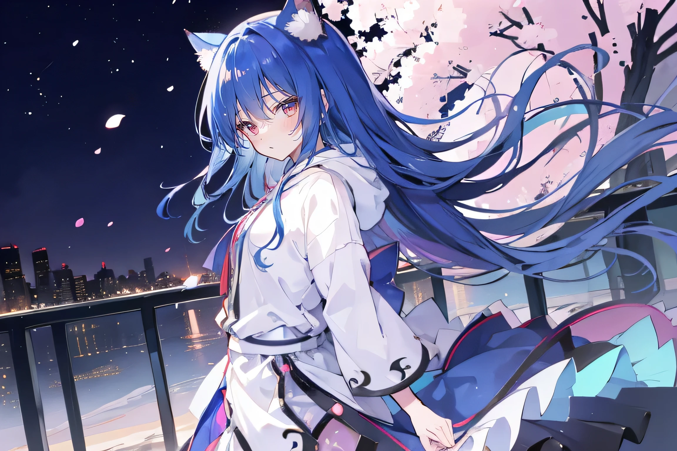 （masterpiece：1.2），Super detailed，lifelike，Expressive eyes，fair skin，perfect face shape，1 girl，
Japanese comics,Gorgeous blue hair,flowing blue hair,flowing clothes,Cat ears,Petals fall,beautiful lola,Baby Angel,
Shaking head with one hand，Cross your legs，Gentle and peaceful background，The pavilion is cool and comfortable,smile, wearing hoodie, background of tokyo,back views,snowing.