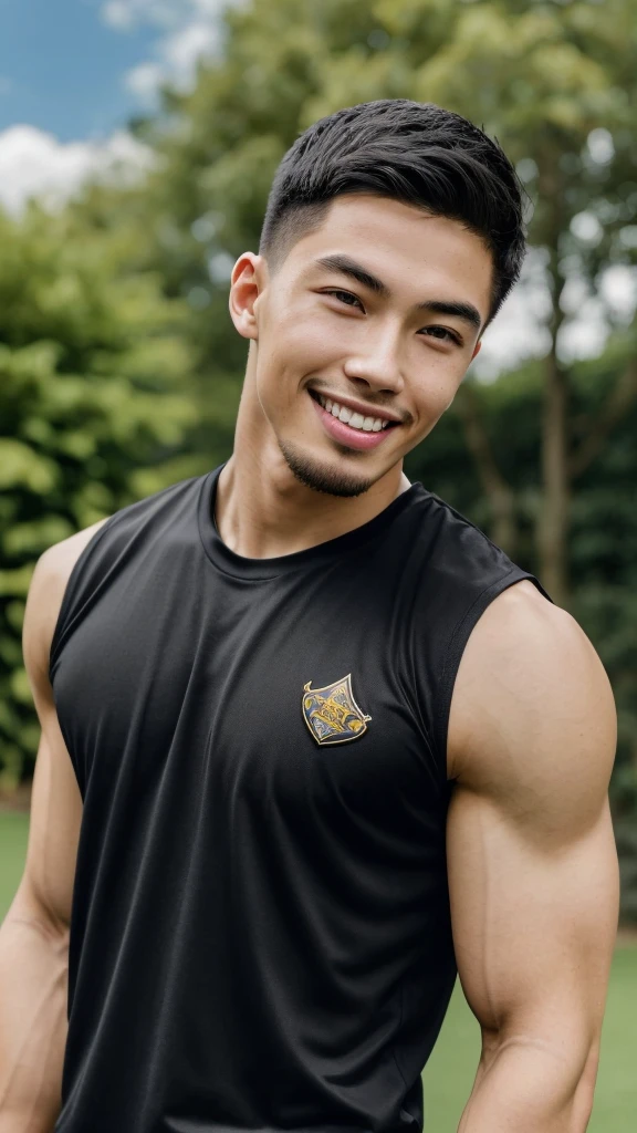 Tony Labrusca, (As a matter of fact, Masterpiece, 8k HD, good light quality, sportswear, fit the face, complicated details), A handsome, muscular young Korean man. , 20 years old, be happy, smile brightly, detailed face, delicate eyes, มองดูsky, Wear a tight black t-shirt., period, black eyes, Black hair color, ผมsmooth, smooth, outdoor sports, Along the garden, Sunny,sky，Surreal，Awesome details，Highest quality，real，