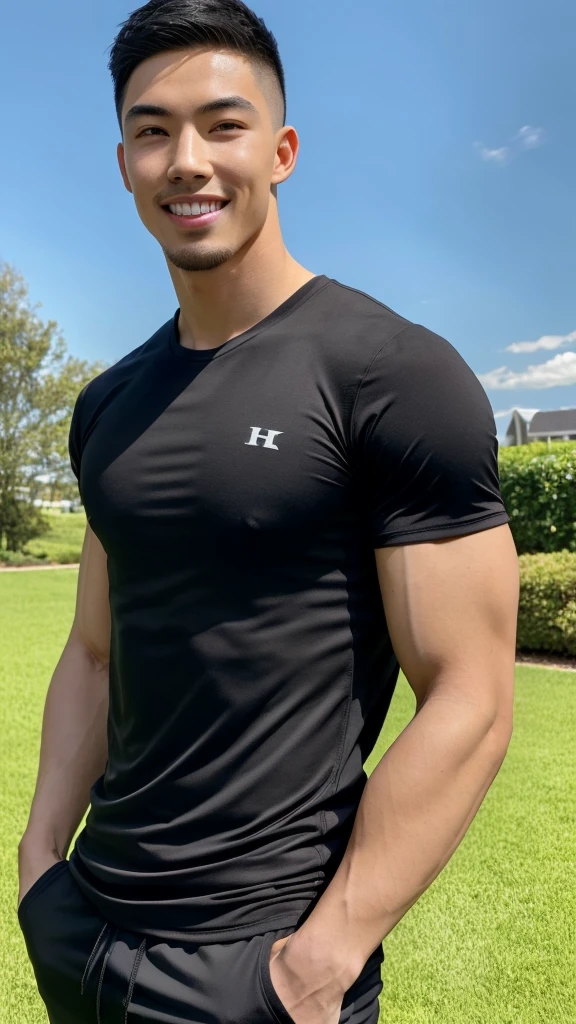 Tony Labrusca, (As a matter of fact, Masterpiece, 8k HD, good light quality, sportswear, fit the face, complicated details), A handsome, muscular young Korean man. , 20 years old, be happy, smile brightly, detailed face, delicate eyes, มองดูsky, Wear a tight black t-shirt., period, black eyes, Black hair color, ผมsmooth, smooth, outdoor sports, Along the garden, Sunny,sky,Surreal,Awesome details,Highest quality,real,
