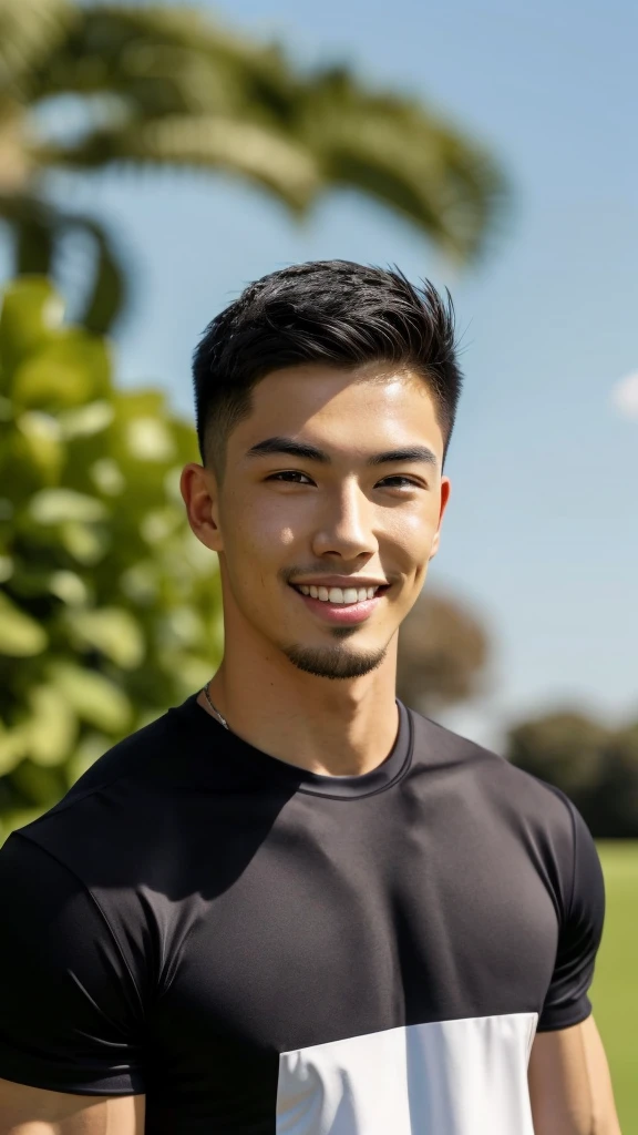 Tony Labrusca, (As a matter of fact, Masterpiece, 8k HD, good light quality, sportswear, fit the face, complicated details), A handsome, muscular young Korean man. , 20 years old, be happy, smile brightly, detailed face, delicate eyes, มองดูsky, Wear a tight black t-shirt., period, black eyes, Black hair color, ผมsmooth, smooth, outdoor sports, Along the garden, Sunny,sky，Surreal，Awesome details，Highest quality，real，