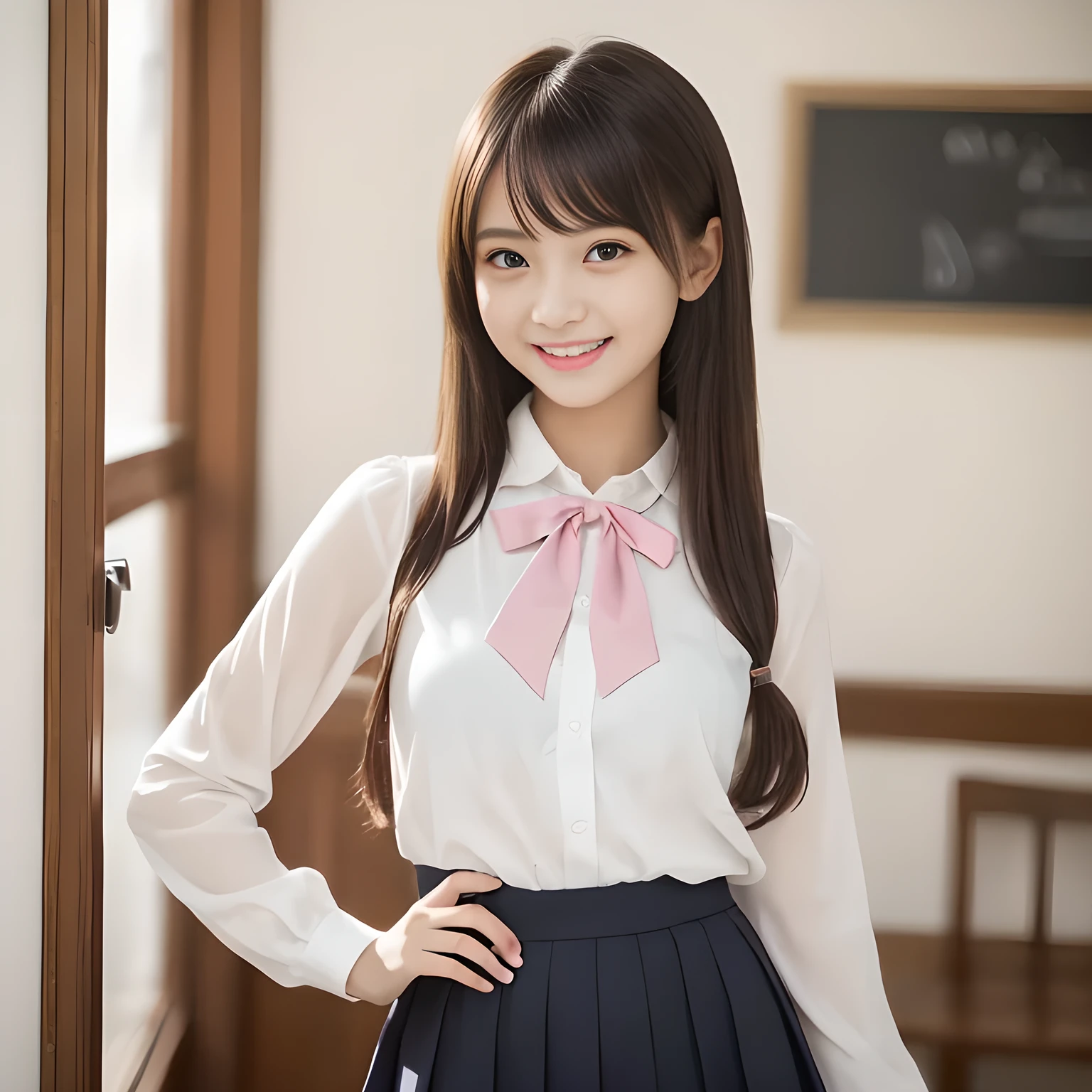 (highest quality, masterpiece:1.2), highest quality, High resolution, 1080P, 8K, Height: 158cm, ((A noble and intelligent girl like Japanese cute girly lady is hypnotizing and giggling, A very sweet, very noble, pretty and neat Japanese beautiful cute girl. Realistic very girly sweet cute princess is standing)), ((((, popular fashion model)))), ((((White face with plump cheeks)))), Glossy lips, (Evenly cut bangs), ((Very beautifully laughing brown drooping gooey eyes)), (The very large, shiny, wide yellow ribbon bow-tie on her chest is very cute)., ((straight black very very long straight hair)), (((pink colored blouse))), (A neat red and pink sailor school uniform), Very lustrous, glossy lips, Open hand over open mouth, Beautiful hair like a hair model, yellow hair ribbons, rosy colored long skirt, Watching the viewer and laughing, ((Incredibly well organized, The expression is rich. plump and beautiful skin and face)), ((Pure and clear sweetly smiling eyes)), Long eyelashes, ((smiling at me)), Glossy Lips, ((noble and neat)), ((Like a succubus is fascinating with magic and giggling)), ((((fascinating)))), ((up-curved lips)), ((looking at the viewer)) 