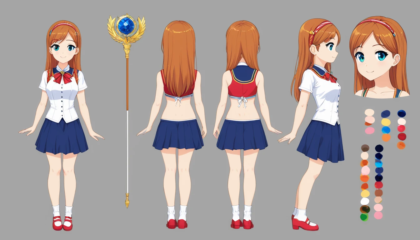 (best quality, masterpiece), 1girl, 15 yo,cute, standing girl, three view drawing, front and back and side, character sheet,full body,simple background,