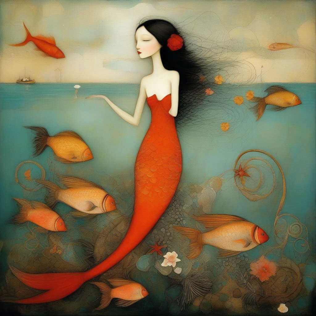 Art style by Klimt, Sam Toft, Florine Stettheimer, Dina Wakley, Catrin Welz-Stein, Gabriel Pacheco, Elisabeth Fredriks. mermaid, fishtail with silver scales, long black hair, lying by the sea. Around her a very large beach with pinwheels, coral-coral flowers