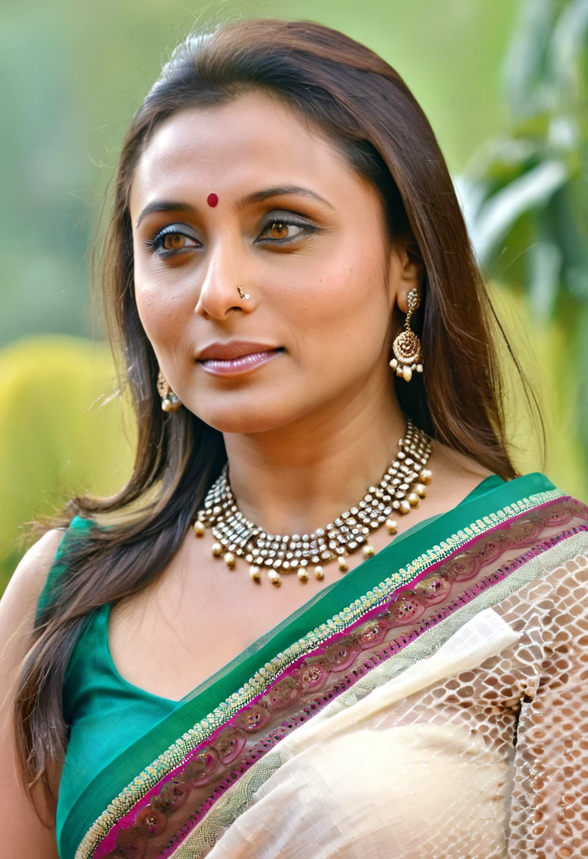 ultra realistic soft focus photo of a 30-year-old woman, sexy woman rani mukerji, outdoors, high neck Mekhela Chador (Assamese traditional attire) lace covering chest and cleavage, huge breast , busty body, Eye roll of exasperation, Fisheye-shot camera angle, looking looking at camera, day time