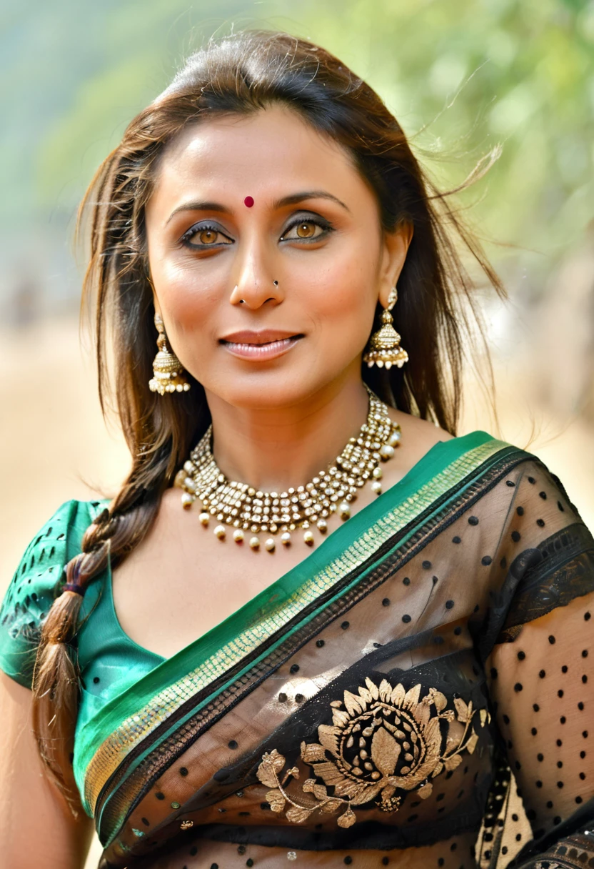 ultra realistic soft focus photo of a 30-year-old woman, sexy woman rani mukerji, outdoors, high neck Mekhela Chador (Assamese traditional attire) lace covering chest and cleavage, huge breast , busty body, Eye roll of exasperation, Fisheye-shot camera angle, looking looking at camera, day time