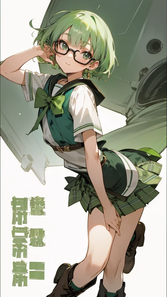 best quality, masterpiece, perfect anatomy, 4k, smile, One woman, Green hair, short cut, wearing glasses, innocent, lively, free-spirited, childlike smile, cute smile, Gentle feeling, rock fashion, pleated skirt, long boots