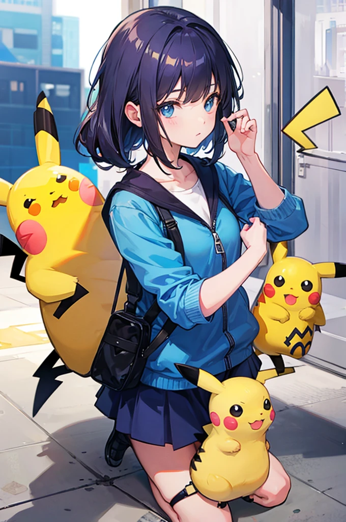 A girl surrounded by Pikachu