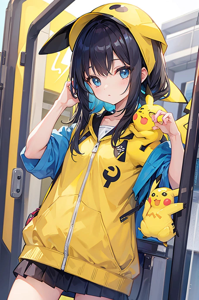 A girl surrounded by Pikachu