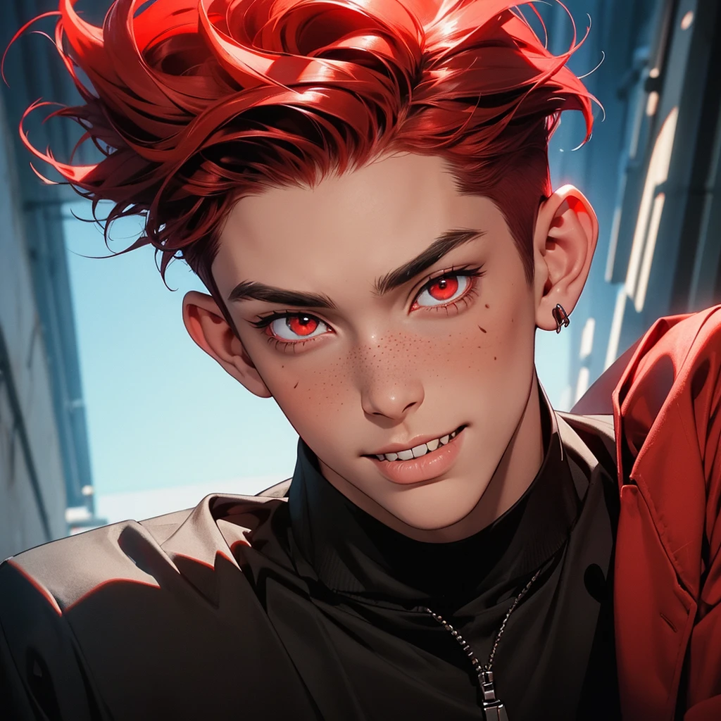 Young man, man, short red hair, close-up portrait, psychotic, crazy smile, bright eyes, red eyes, devil, horns, red complexion, schoolboy outfit, cross earring, black piercing, black tattoo, tight outfit, long eyelash, freckle, sensual pose, posing, looking at the camera, tongue sticking out, reptile tongue, sharp teeth.