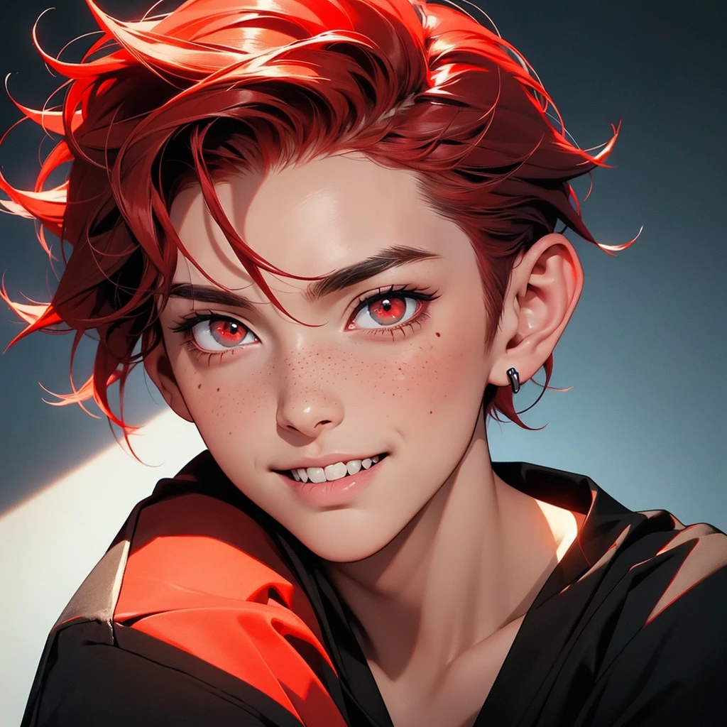 Young man, man, short red hair, close-up portrait, psychotic, crazy smile, bright eyes, red eyes, devil, horns, red complexion, schoolboy outfit, cross earring, black piercing, black tattoo, tight outfit, long eyelash, freckle, sensual pose, posing, looking at the camera, tongue sticking out, reptile tongue, sharp teeth.