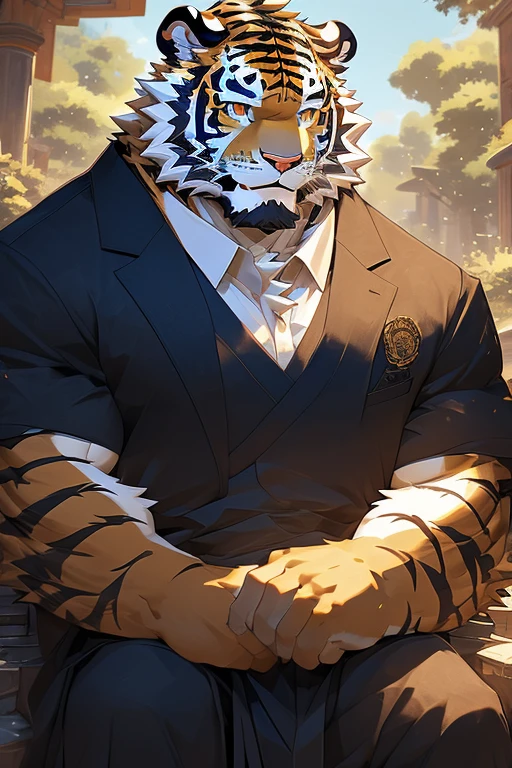 (masterpiece,best quality,Super detailed,Perfect anatomical structure),Detailed background,Empty,hairy,cannon, ,Clear focus,白色tiger,By Empty Ghost, rest 阳光,External,campus, Solitary,Solitary ,male,male ,human nature,Cat,tiger,muscular,rest (White fur:1.5,White body:1.5),looking at the audience,Delicateeyes, Dressed,Casual clothing is acceptable when the weather is nice,Golden pupils