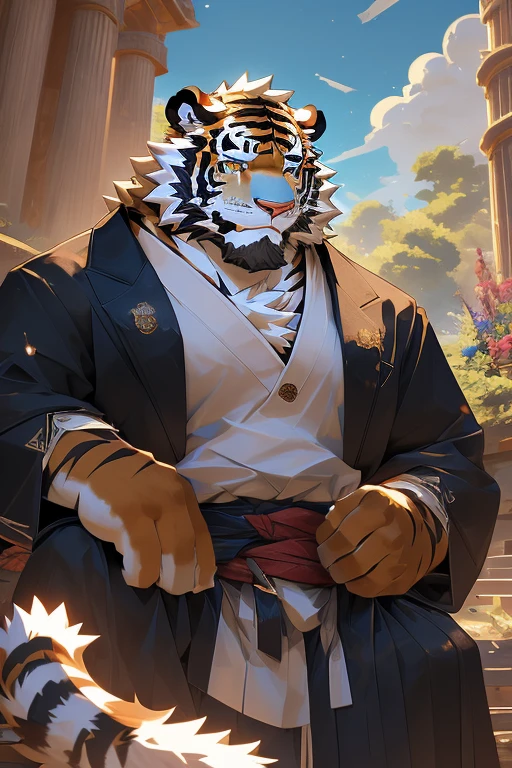 (masterpiece,best quality,Super detailed,Perfect anatomical structure),Detailed background,Empty,hairy,cannon, ,Clear focus,白色tiger,By Empty Ghost, rest 阳光,External,campus, Solitary,Solitary ,male,male ,human nature,Cat,tiger,muscular,rest (White fur:1.5,White body:1.5),looking at the audience,Delicateeyes, Dressed,Casual clothing is acceptable when the weather is nice,Golden pupils