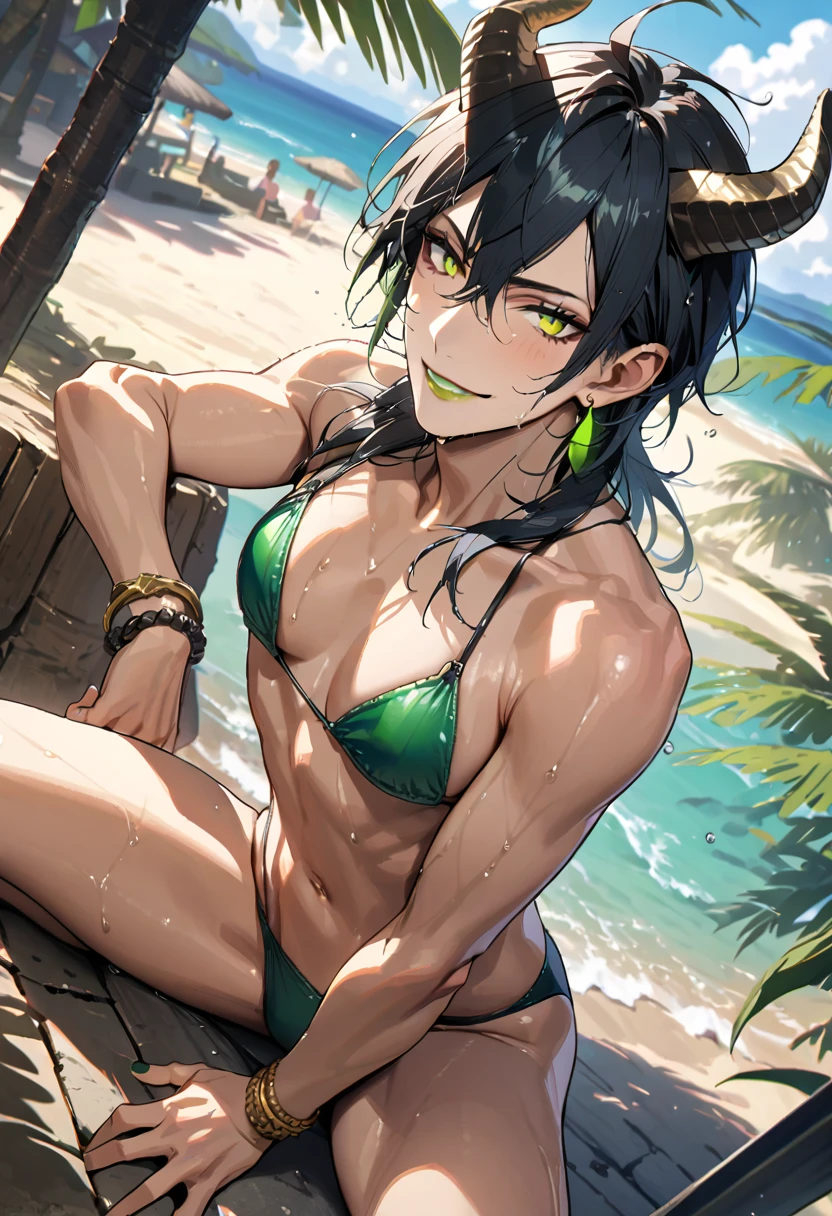 masterpiece, highres, absurdres, illustration, ((masterpiece:1.4, best quality)), (Ultra detailed background), 1boy, handsome man, highly detailed beautiful face and eyes, beautiful eyes, (sharp detail:1.3), shiny, earrings, bracelet, (wet bikini:1.3), Bari, Cebu Island, plumeria, near the beach, 1boy, sitting on floor, dynamic angle, full body, malleus draconia (twisted wonderland) horns, bishounen, boy, male, yana Toboso style, long hair, black hair, yellow green eyes, smile, gray lips, handsome, skinny, tall, yellow green glow,AddXL
