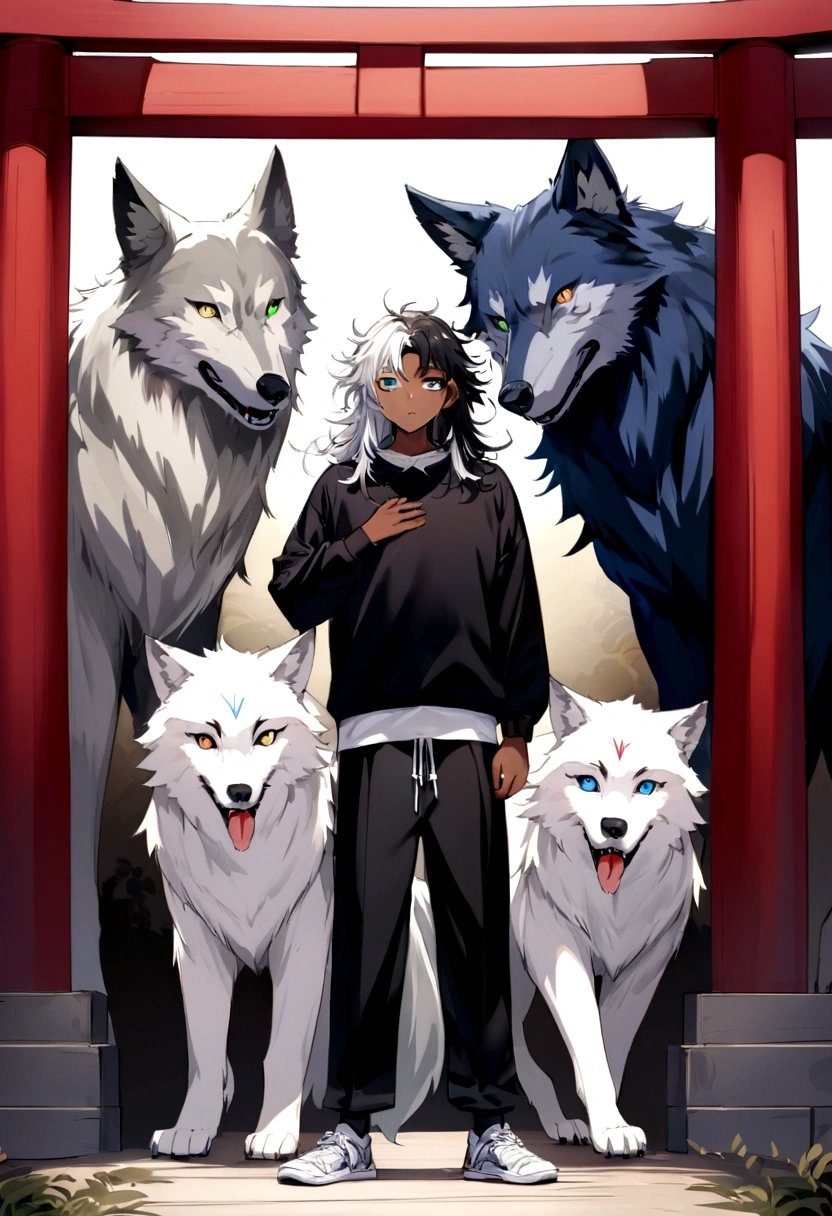 white shirt, wearing a black sweatshirt with silver details , white tennis shoes with black details, black pants, yellow and black eyes heterochromia, expression of calm, Messy hair , Medium length hair , 1 men , multicolored black and white hair ( focus on hair containing both colors) , two tone hair , dark skin color, in a western setting , with a torii (traditional japanese gate.) in front of you, on his side he has a wolf , with messy white fur, blue colored eyes( focus on the wolf's eyes )