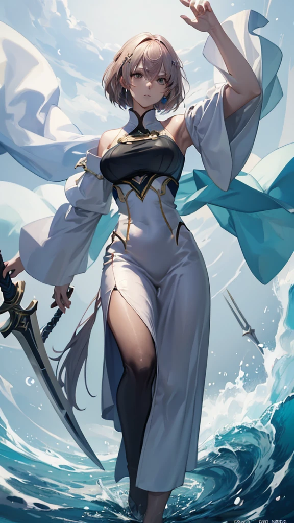 (masterpiece, 4K ,Super detailed:1.2), (anime:1), whole body側面図, jRPG Characters, jRPG Characters art, RPG Characters, Swordsman, Strong women, tall, Holding a sword, View Viewer, short hair, Knight Commander, (Medieval), whole body, (Perfect quality), Pure white background, Lots of white space, whole bodyが写っている, whole body写真