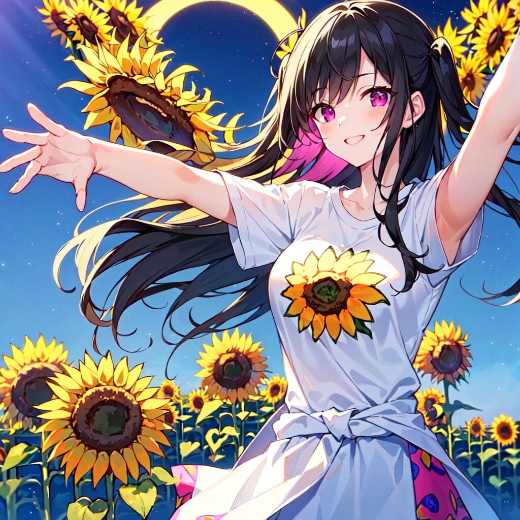 masterpiece, best quality, high quality, extremely detailed, very delicate and beautiful, (1 female 18 years old solo:1.2), (long black hair two-side up to waist:1.4), bangs to eyebrows, eyes Eyebrows glossy, (eye color magenta:1.3), 6.5 head height, ( T-shirt sunflower print fashion:1.3), knee socks, (smiling), (hands outstretched), (standing), (dynamic pose), (background sunflower field:1.3),  (Milky Way Night Sky: 1.3),(upper body:1.3)