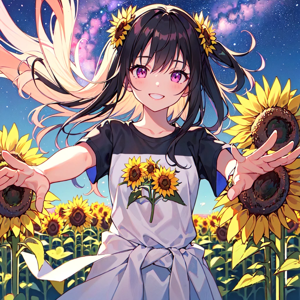 masterpiece, best quality, high quality, extremely detailed, very delicate and beautiful, (1 female 18 years old solo:1.2), (long black hair two-side up to waist:1.4), bangs to eyebrows, eyes Eyebrows glossy, (eye color magenta:1.3), 6.5 head height, ( T-shirt sunflower print fashion:1.3), knee socks, (smiling), (hands outstretched), (standing), (dynamic pose), (background sunflower field:1.3), (Milky Way Night Sky: 1.3),(upper body:1.3)