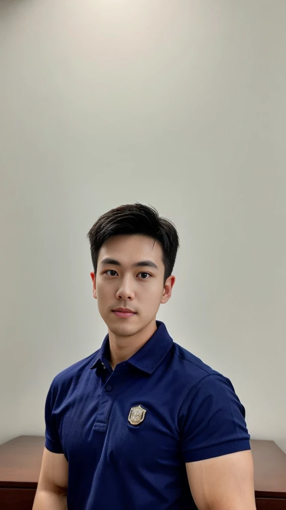 A male police officer in his 20s poses for a group photo., Wear a navy blue polo shirt., high resolution, Masterpiece, best quality, head:1.3,, Smooth and fine skin, clear focus, (movie light), during the night, gentle light, Dynamic angle, (detailed face:1.2), (((exercise))), sport, His arm muscles were very big., hand in crotch, in his bedroom ,natural and delicate,