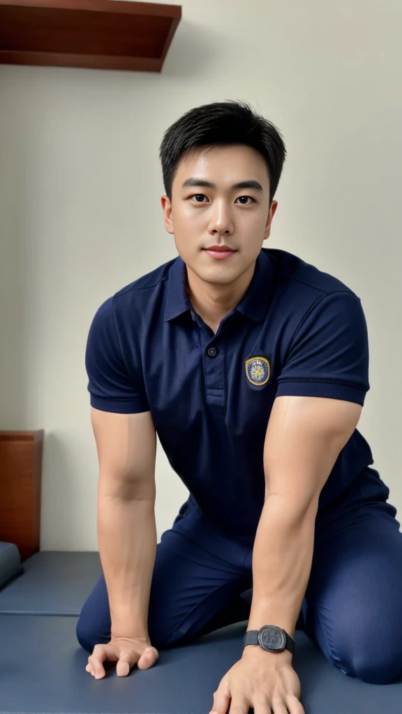 A male police officer in his 20s poses for a group photo., Wear a navy blue polo shirt., high resolution, Masterpiece, best quality, head:1.3,, Smooth and fine skin, clear focus, (movie light), during the night, gentle light, Dynamic angle, (detailed face:1.2), (((exercise))), sport, His arm muscles were very big., hand in crotch, in his bedroom ,natural and delicate,