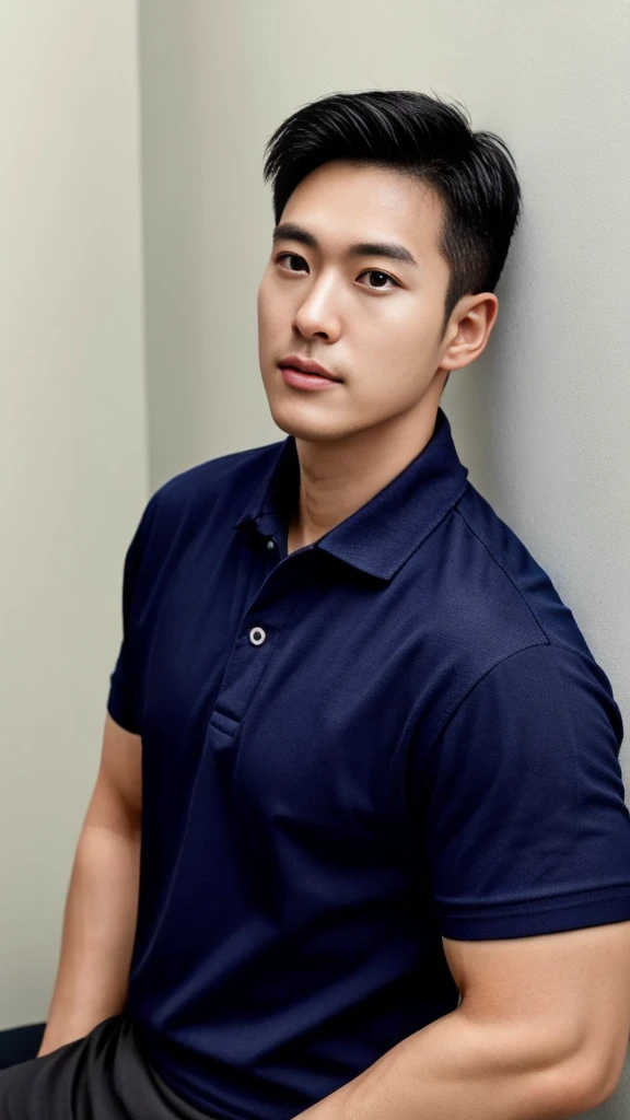 A male police officer in his 20s poses for a group photo., Wear a navy blue polo shirt., high resolution, Masterpiece, best quality, head:1.3,, Smooth and fine skin, clear focus, (movie light), during the night, gentle light, Dynamic angle, (detailed face:1.2), (((exercise))), sport, His arm muscles were very big., hand in crotch, in his bedroom ,natural and delicate,