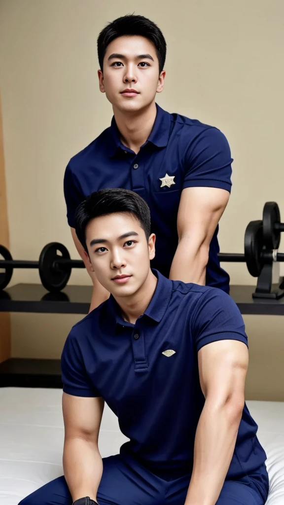 A male police officer in his 20s poses for a group photo., Wear a navy blue polo shirt., high resolution, Masterpiece, best quality, head:1.3,, Smooth and fine skin, clear focus, (movie light), during the night, gentle light, Dynamic angle, (detailed face:1.2), (((exercise))), sport, His arm muscles were very big., hand in crotch, in his bedroom ,natural and delicate,