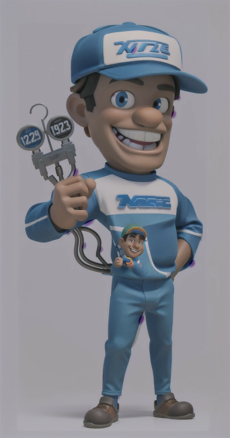 3d, Masterpiece artwork, disney pixar style man holding a pressure gauge, ebony skin, wearing cap, great smile, glad, long sleeve shirt, mascote de corpo inteiro, official character illustration, wearing plumber uniform, Mascot Illustration, detailed illustration, caricature, promotional rendering, bright coloured, rgb