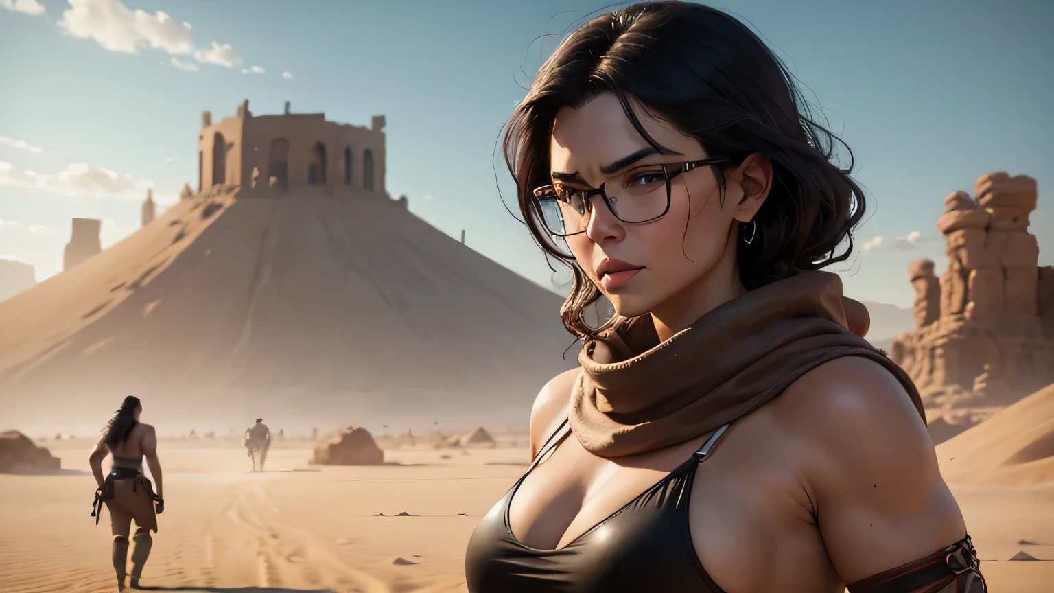 In a desert with a sandstorm, a curvy sexy sweaty woman with black hair and glasses, conan exiles, survival clothing, In the background a strong man in desert clothing can be seen, 