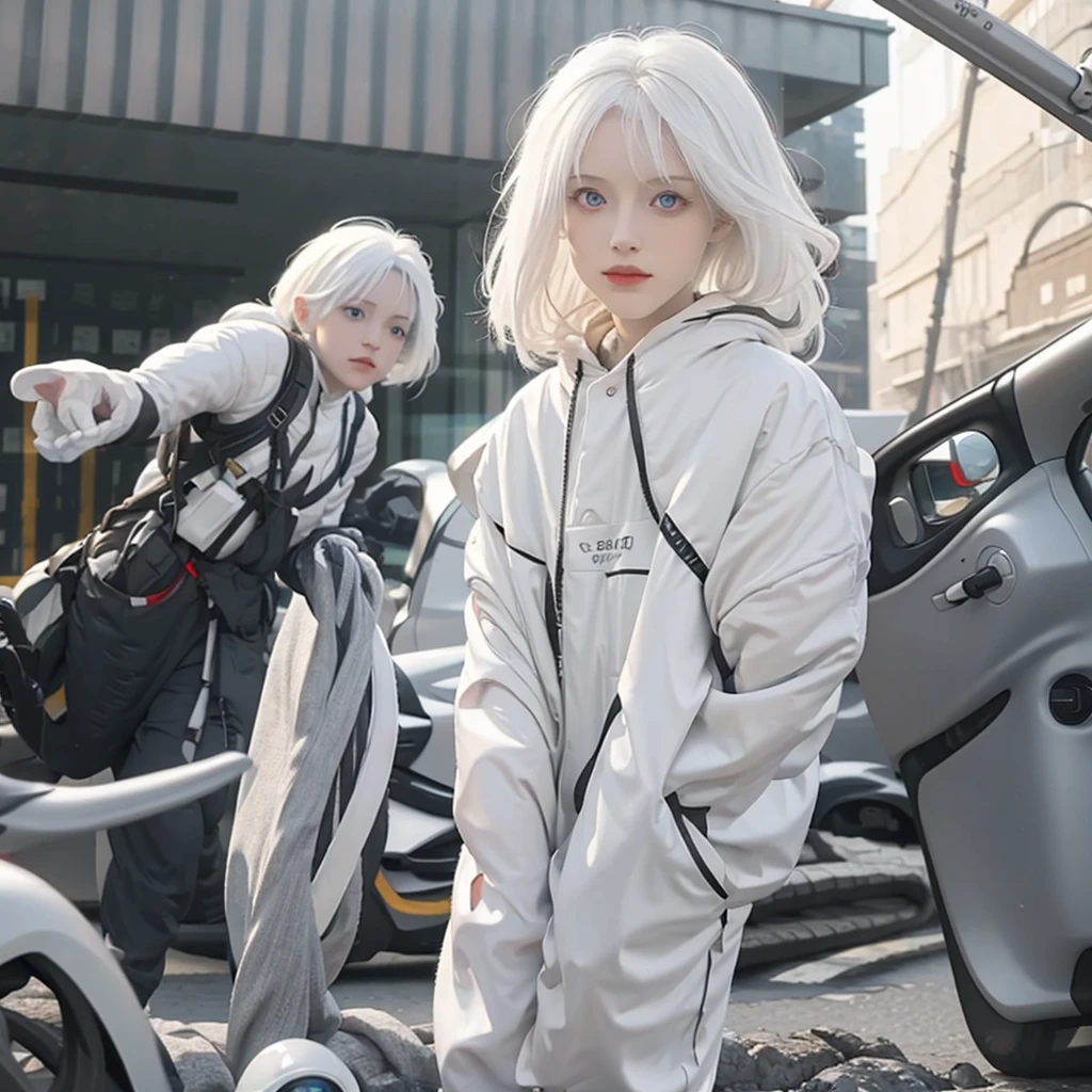 A realistic German albino with white hair, fully body, with roots of light in the skin, electric metallic wings and silver eyes quantum robotic armor pants