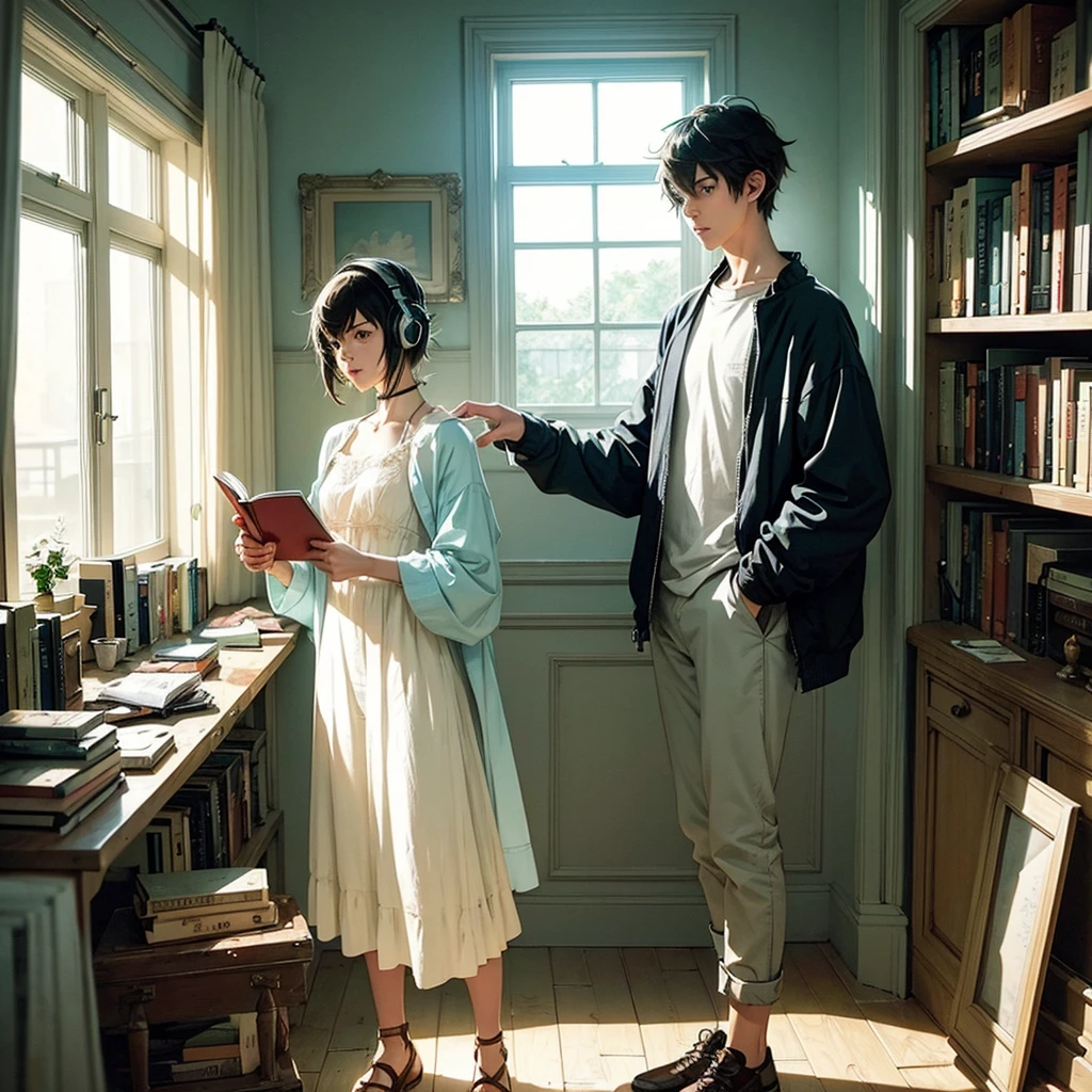 anime boy with headphones reading, Lofi Girl, Artstyle Praise, Art Lofi, portrait of lofi, Lofi Sensation, Art Style Makoto Shinkai, null, Makoto Shinkai. High detail, Makoto Shinkai. Digital rendering, Makoto Shinkai Style, Lofi Vibes, Makoto Shinkai StyleA close-up of a desk with a lamp and a pile of books, Background of the Alchemist Library, dusty library, Library Background, MAGIC LIBRARY, Wooden desks with books, inspired by Carl Spitzweg, background art, Borne Space Library Artwork, Books everywhere, old library, Ruin Library concept art, by Yang J, small library, personal room background