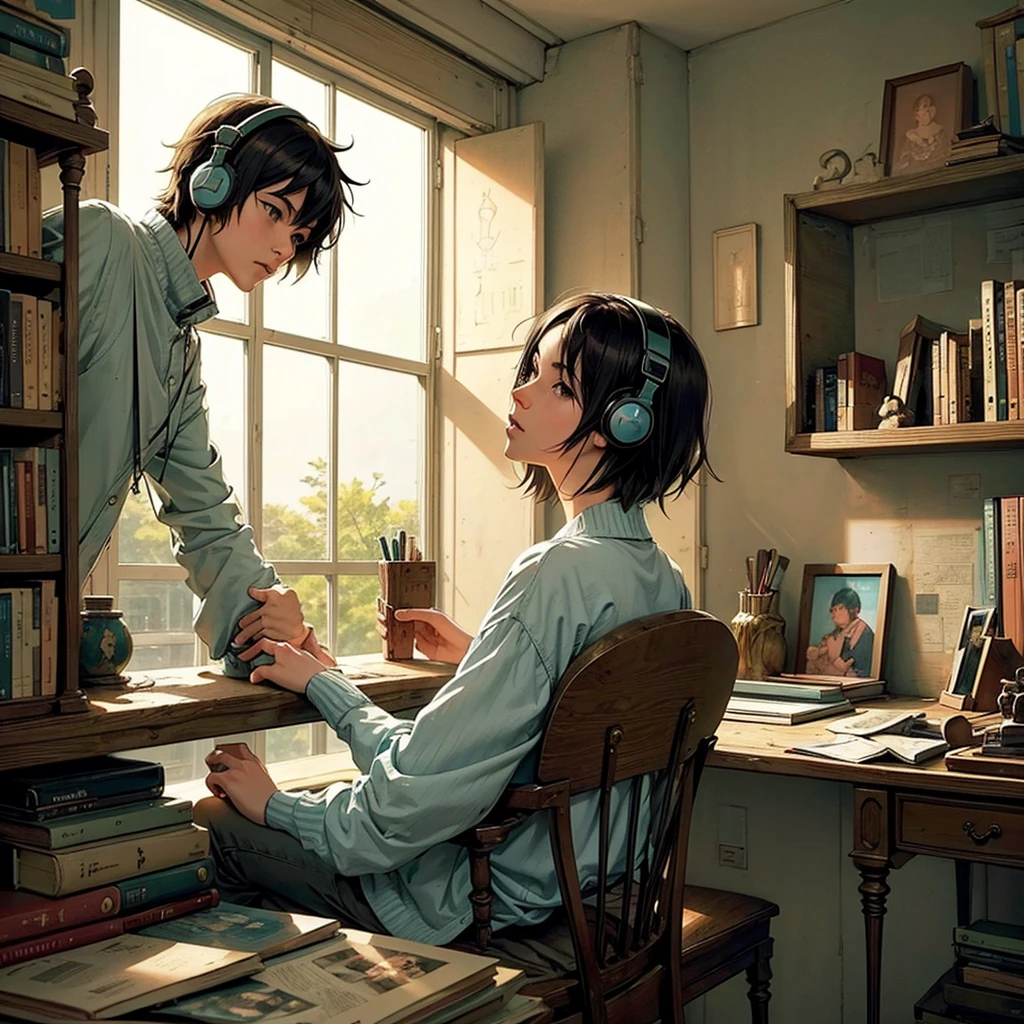 anime boy with headphones reading, Lofi Girl, Artstyle Praise, Art Lofi, portrait of lofi, Lofi Sensation, Art Style Makoto Shinkai, null, Makoto Shinkai. High detail, Makoto Shinkai. Digital rendering, Makoto Shinkai Style, Lofi Vibes, Makoto Shinkai StyleA close-up of a desk with a lamp and a pile of books, Background of the Alchemist Library, dusty library, Library Background, MAGIC LIBRARY, Wooden desks with books, inspired by Carl Spitzweg, background art, Borne Space Library Artwork, Books everywhere, old library, Ruin Library concept art, by Yang J, small library, personal room background