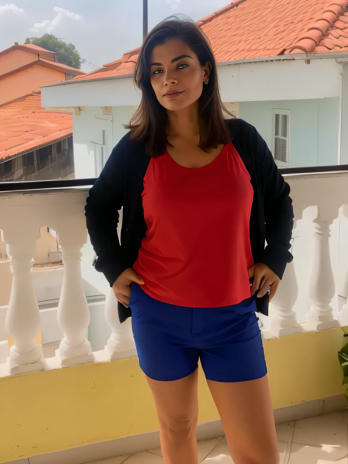 there is a woman standing on a balcony with a red shirt and blue shorts, wearing red shorts, wearing a camisole and shorts, in shorts, inspired by Maria Helena Vieira da Silva, dressed in a top and shorts, wearing a tank top and shorts, by Nándor Katona, blue and red, wearing shorts and t shirt, short robust woman