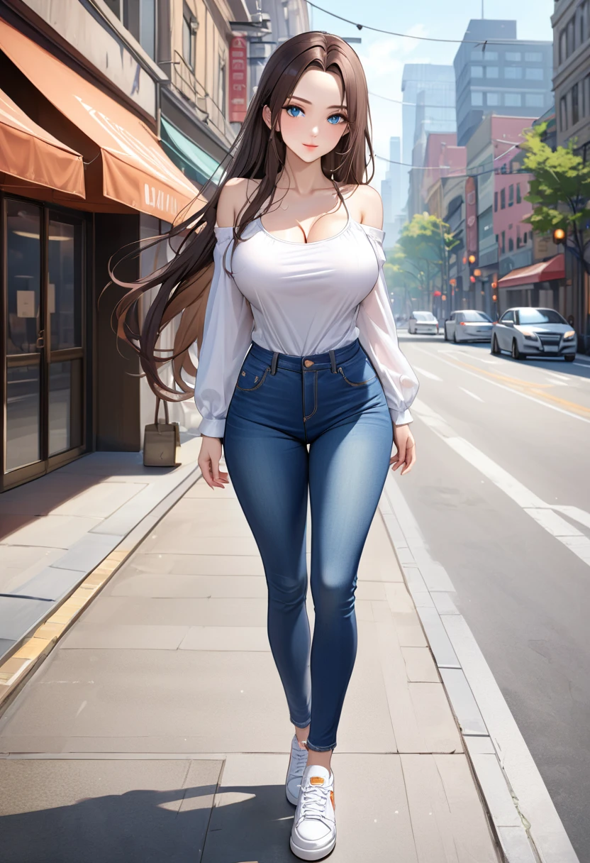 ((best quality, masterpiece:1.3, 8K)), (detailed), highly detailed face and skin texture, detailed eyes, downtown, full body, seductive pose, slender body, girl, 25 years old, white skin, blue eyes, bright lips, seductive smile, dark brown hair, straight hair, long hair, (forehead:1.0), white blouse, bare shoulder, u-neck, long sleeves, large breast, jeans pants, tight jeans, blue jeans, cameltoe, white sneakers,