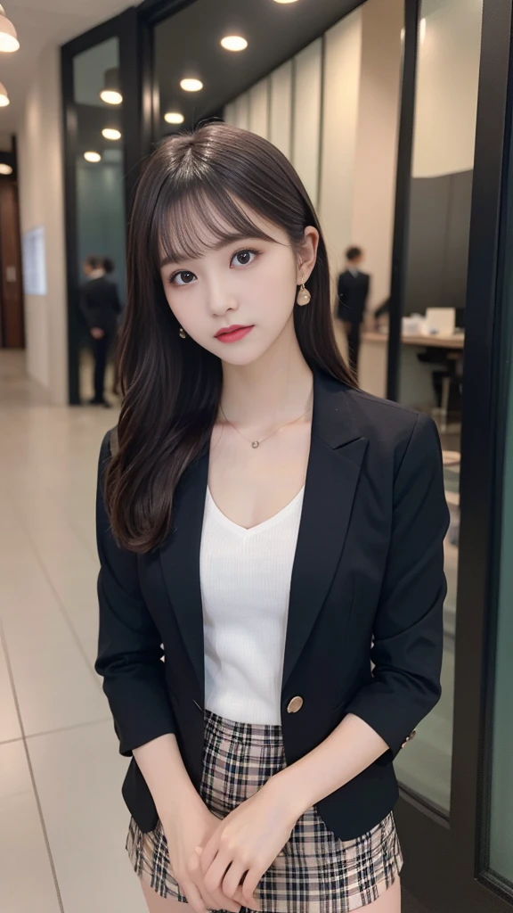 最high quality, masterpiece, 1 Girl, Beautiful Face, (Photorealistic photography:1.3), Rim Light, (Skin with attention to detail:1.2), 8K UHD, Digital SLR, high quality, High resolution, 4K, 8K, Bokeh, (Genuine: 1., Small face, pretty girl, Black Formal Blazer, Middle chest, Short skirt,office