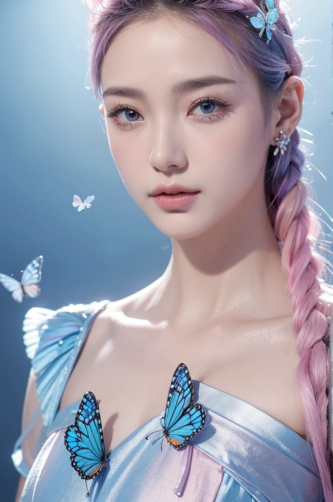 1 ancient adult man,Blue-pink,Butterfly elements,Exquisite facial features,Charming temperament,Blue and pink gradient clothing,earrings,Butterfly Hair Accessories,Positive Characters,With silver decoration,Light and Shadow,Bright and clear color