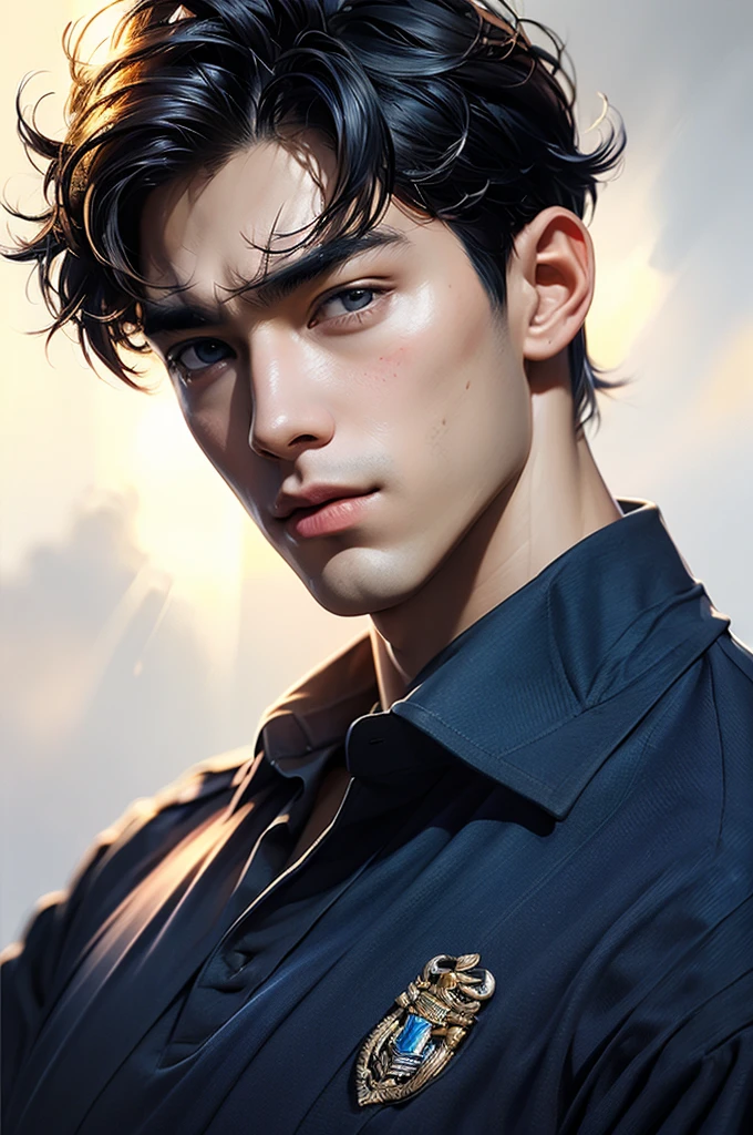 A male police officer in his 20s poses for a group photo., Wear a navy blue polo shirt., high resolution, Masterpiece, best quality, head:1.3,, Smooth and fine skin, clear focus, (movie light), during the night, gentle light, Dynamic angle, (detailed face:1.2), (((exercise))), sport, His arm muscles were very big., hand in crotch, in his bedroom ,natural and delicate,
