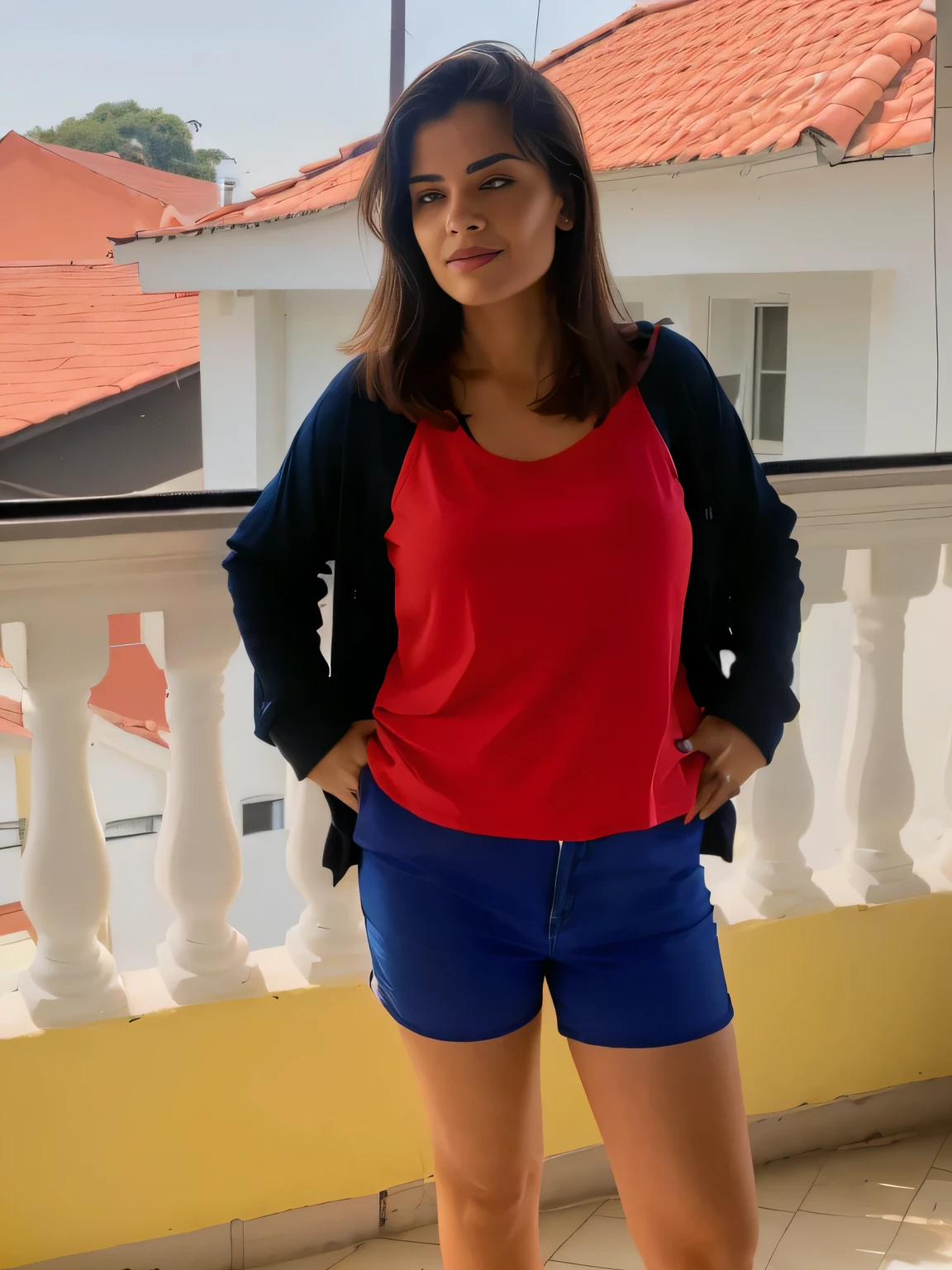 there is a woman standing on a balcony with a red shirt and blue shorts, wearing red shorts, wearing a camisole and shorts, in shorts, inspired by Maria Helena Vieira da Silva, dressed in a top and shorts, wearing a tank top and shorts, by Nándor Katona, blue and red, wearing shorts and t shirt, short robust woman