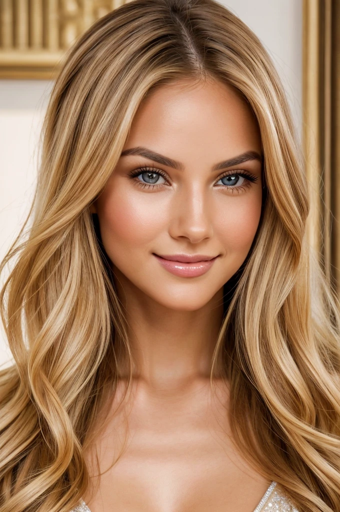 high resolution frontal photo portrait of a woman that has a radiant oval face with striking and captivating appearance, radiating elegance and charm. Her long, wavy blonde hair frames her face in an enchanting way, while her light brown eyes, reminiscent of honey, shine with intelligence and warmth. Her facial features are perfectly balanced, with an elegant nose and softly defined cheekbones. Her smile is radiant and contagious, lighting up the room whenever she enters. Her naturally full and rosy lips add a touch of seduction to her already captivating presence. Carolina meticulously cares for her appearance, maintaining flawless skin that radiates a healthy glow, with a golden undertone that enhances her natural beauty