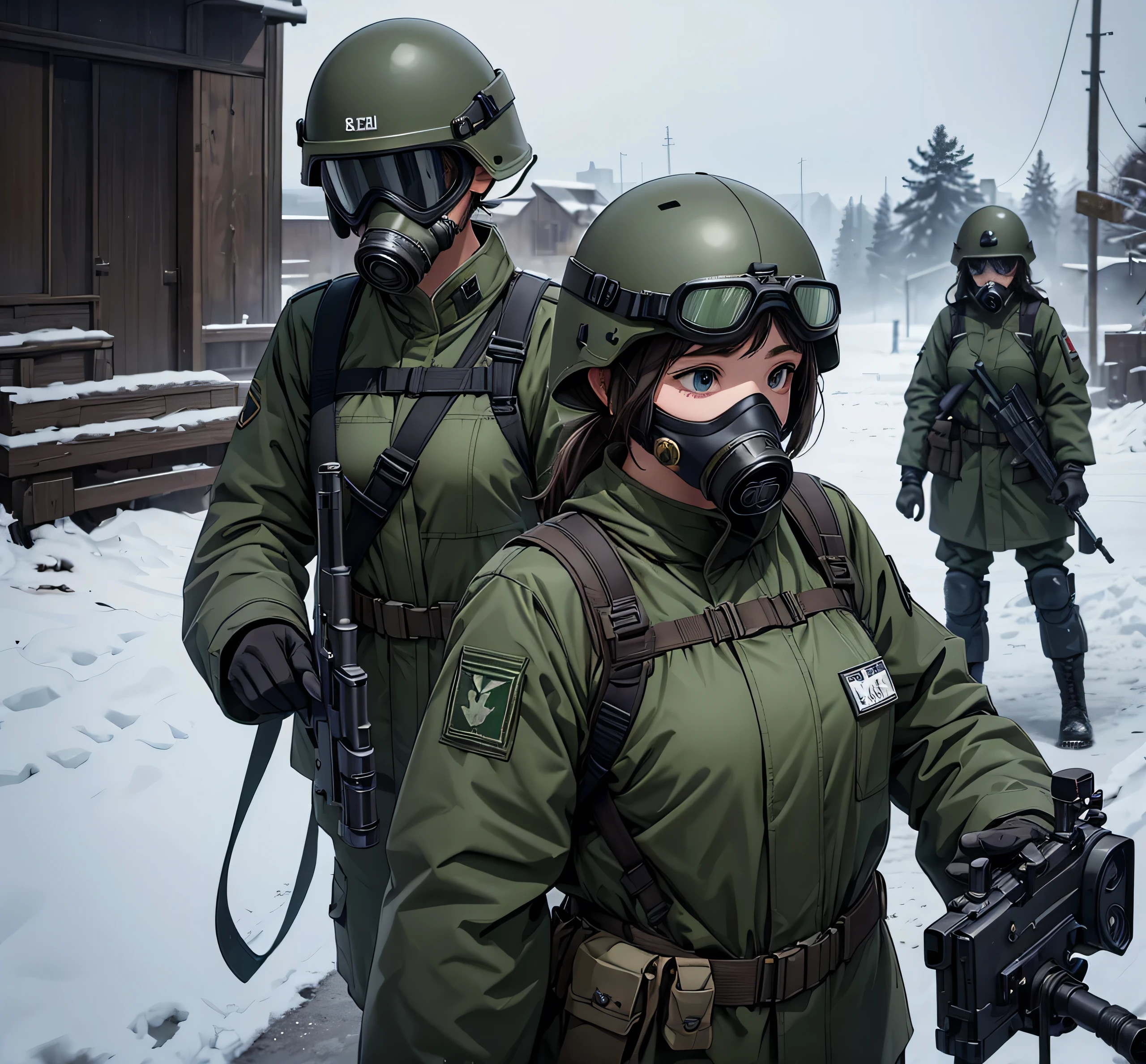 Three female soldiers wearing dark green thick coats、helmet、Gas Mask、Goggles、Gun in hand、Snowy military camp、masterpiece、best quality、Highly detailed CG、8K picture quality