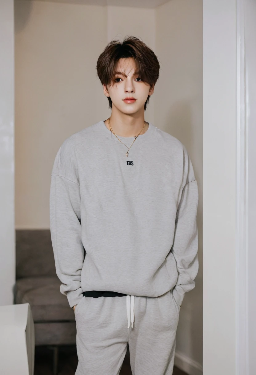 original face of Jungkook BTS member, wearing grey sweatpants, with white half selvees t-shirt, messy hair, 6.2 feet tall and fit body, background night in apartment