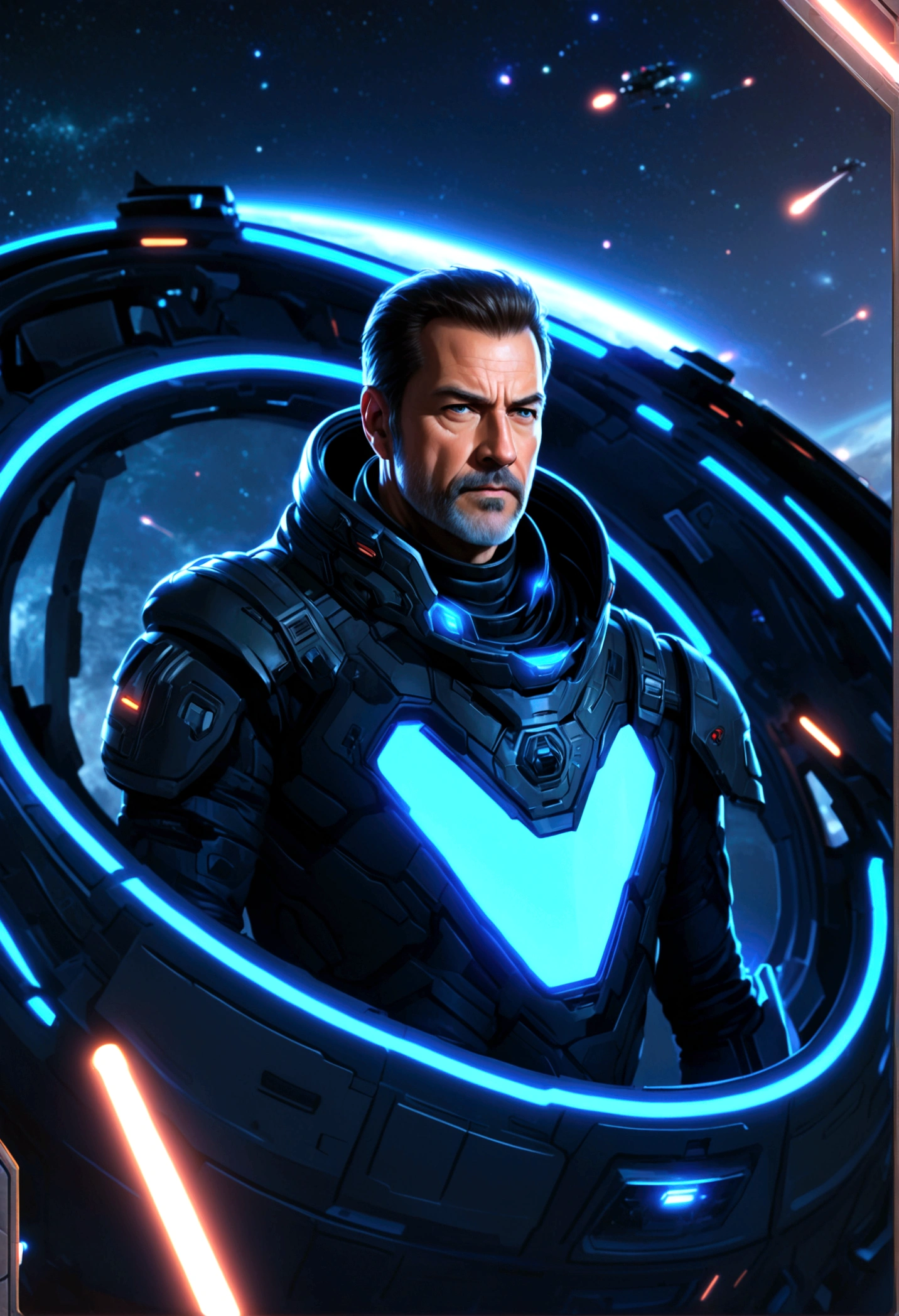 Sci-fi world,A middle-aged man,High-quality graphics,MasterpieceBREAKAlien,Space War,Strategic Base,pit,brave warrior,laser weapon