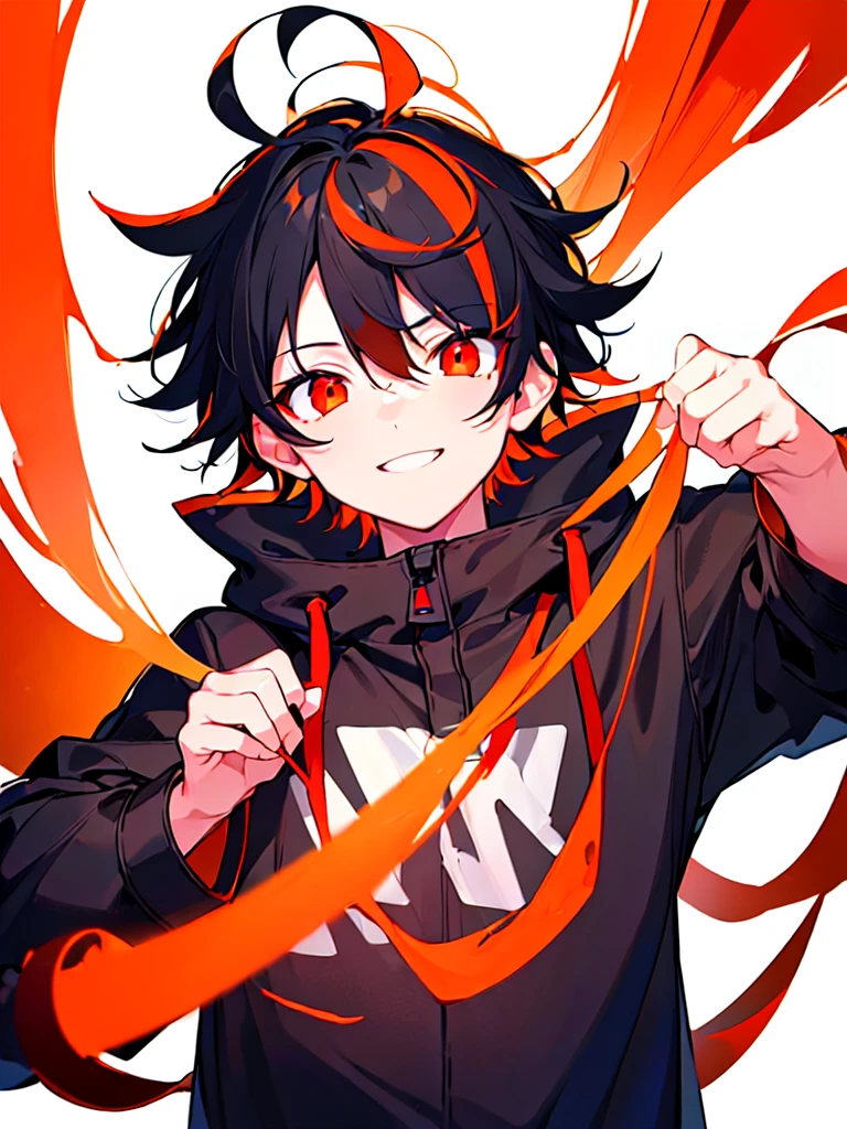 [(WHITE BACKGROUND:1.5),::5], ((((masterpiece)))), high quality, ultra very high resolution, full color, (((solo))), ((little boy)), black hair, ((orange streaked hair)), (red eyes), anime, ((upper body)), neon light, black parka, light smile