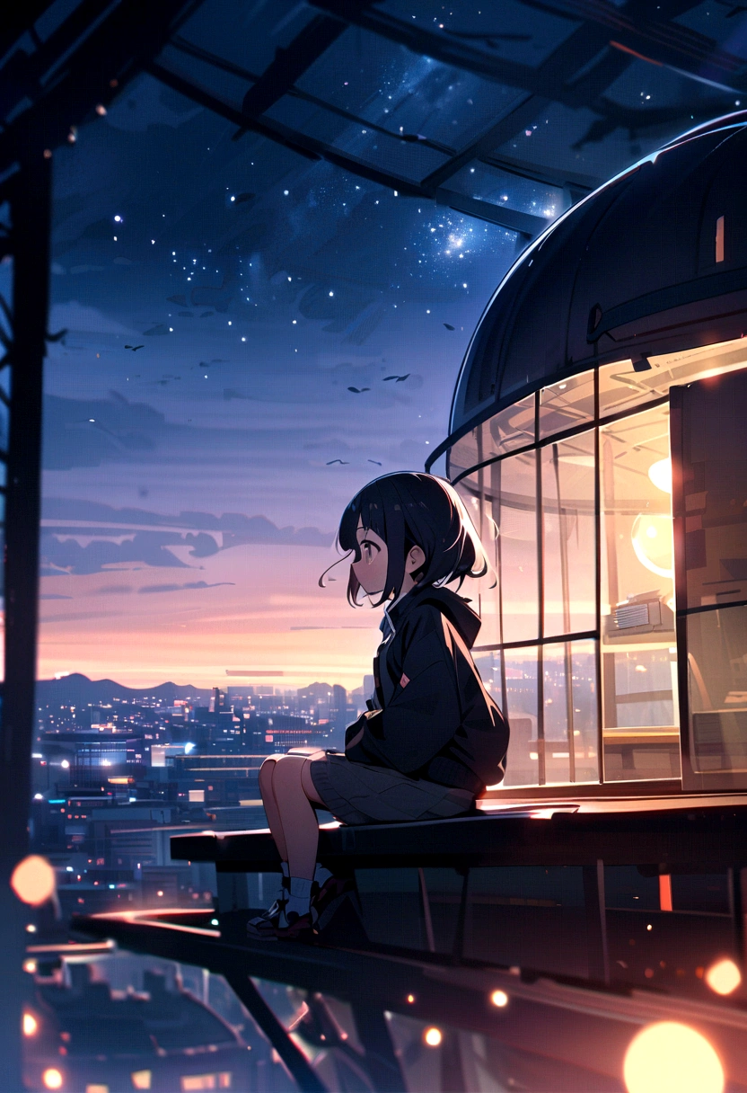 best quality, masterpiece, Extremely detailed, Detailed background, Japanese cartoons, 1 Girl, Young Girls, Short Girl, Science Fiction, Science Fiction小说, outdoor, night, Starry Sky, greenhouse, Megastructures, Bio Dome, landscape, wind景, horizon, roof, sitting on roof, wind, Look away, Atmospheric lighting, Focus only, close up, from the side, Depth of Field, Bokeh