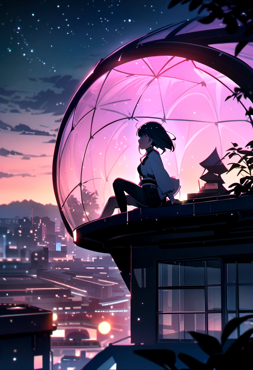 best quality, masterpiece, Extremely detailed, Detailed background, Japanese cartoons, 1 Girl, Young Girls, Short Girl, Science Fiction, Science Fiction小说, outdoor, night, Starry Sky, greenhouse, Megastructures, Bio Dome, landscape, wind景, horizon, roof, sitting on roof, wind, Look away, Atmospheric lighting, Focus only, close up, from the side, Depth of Field, Bokeh