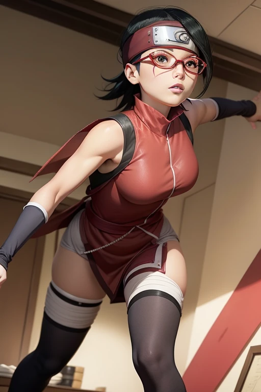 Sarada Uchiha, short black hair , eyes black, and with red glasses , young woman with a fair skin complexion , is 18 years old , That slender body , entire part of the body , Chubby, medium-sized breasts , Wear a shinobi outfit , It is located at the Shinobi Academy training ground,full body closeup, attack position.