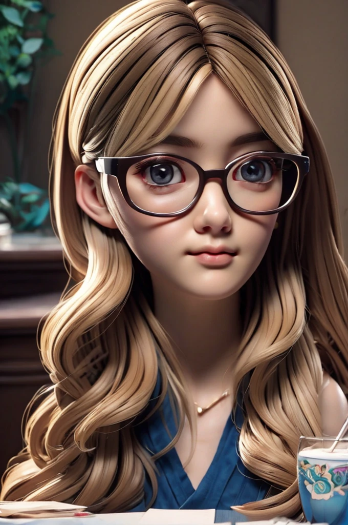 A pretty girl with brown hair with blonde ombre hair, dark slanted and delicate eyes wearing glasses, ((looking directly at the camera)), center of the room, ((sitting behind a table)). cartoon style:1.2), Cartoon image of a woman, cartoon style illustration, cartoon art style, cartoon art style, digital illustration style, highly detailed character design, cute detailed digital art , City Fan Art, Portrait Character Design, Beautiful Digital Illustration, High Quality Portrait, Comic Art, Character Design Portrait, Female Character All In Scream The Movie Actresses