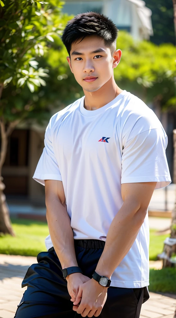((Highest quality, 8K, Masterpiece:1.3)),Thailand Laos Burma Asia,Thai man buzz haircut,A handsome Asian sport short hair,a muscular beard,and big muscles.,1A man who has,yo,Good appearance,Beautiful nose,Detailed eyes and face,beautiful light,(studio),high resolution,(Look at the viewer.),Fine mouth,whole body:1.5,perfect shape:1.3,Picture of both shoulders:1.3,(t-shirt:1.2),black cargo pants,wristband,landscape,(The background is Bokeh:1.2),on the sea,(open_jacket:1.3),