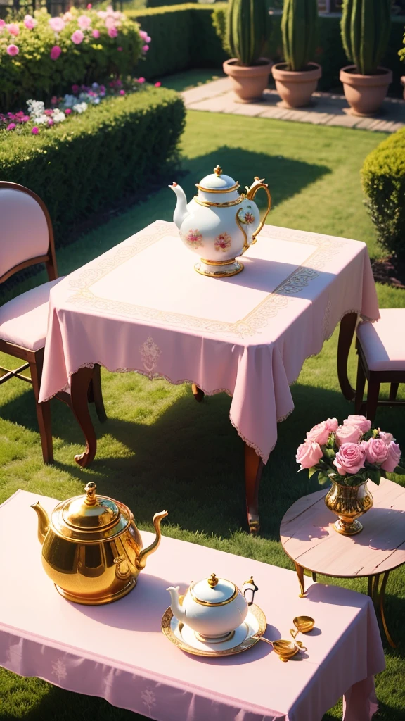 Covered table with a pink background with coffee cup and teapot with gold detail with a vase of flowers next to it in the garden