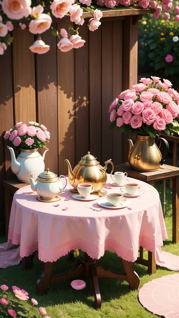 Covered table with a pink background with coffee cup and teapot with gold detail with a vase of flowers next to it in the garden 