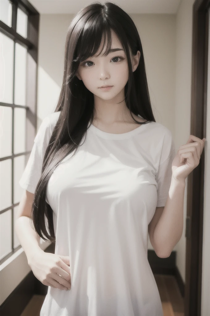 white skin,long hair,big breasts,open flowing t-shirt,shy